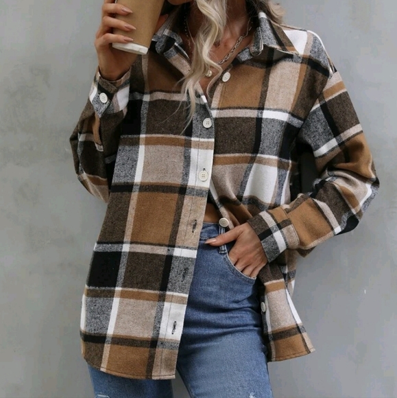 Khaki Plaid Print Button Down Top - Picture 5 of 6